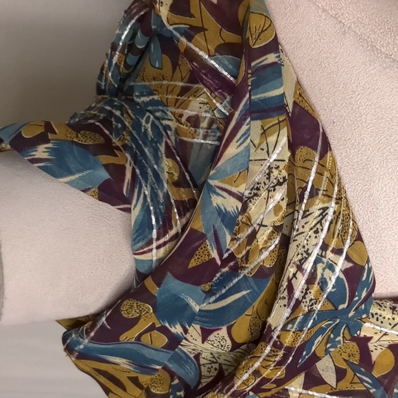 Long Fringe Boho Scarf Teal & Brown Floral Sheer Metallic Stripes 67" Wrap - Picture 5 of 12